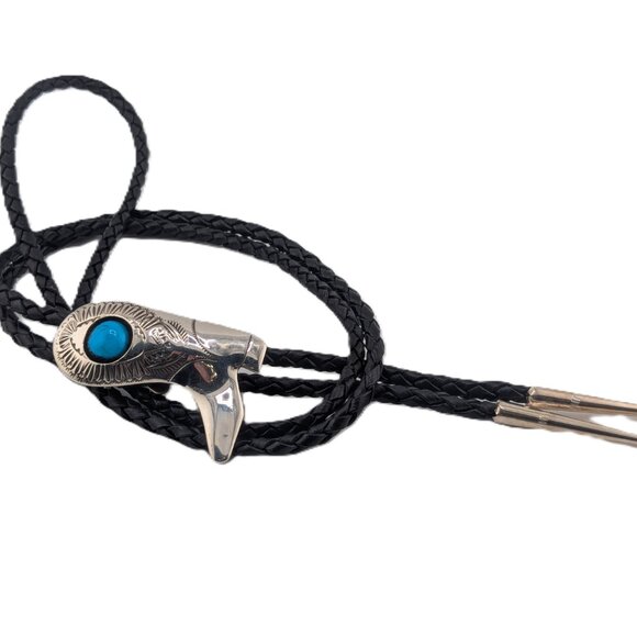 Navajo Kingman Turquoise Bolo Tie Leather Sterling Silver Southwest Accessory ** - Picture 3 of 10